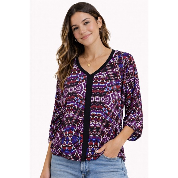 Cable & Gauge Tops - Cable & Gauge Blouse Womens XL Purple Geometric Ikat V-Neck 3/4 Sleeve Boho Top